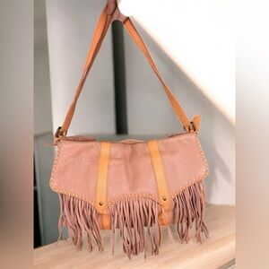 Muxo by Camila Alves Leather Fringe Shoulder Bag Boho Pink Coral Large Tote